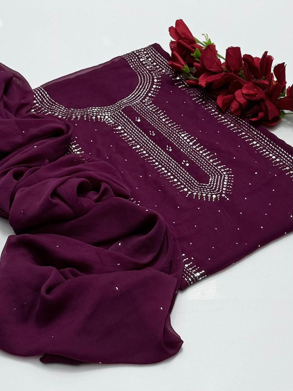 Handmade mukesh work on soft krinkle shifoon 2pc