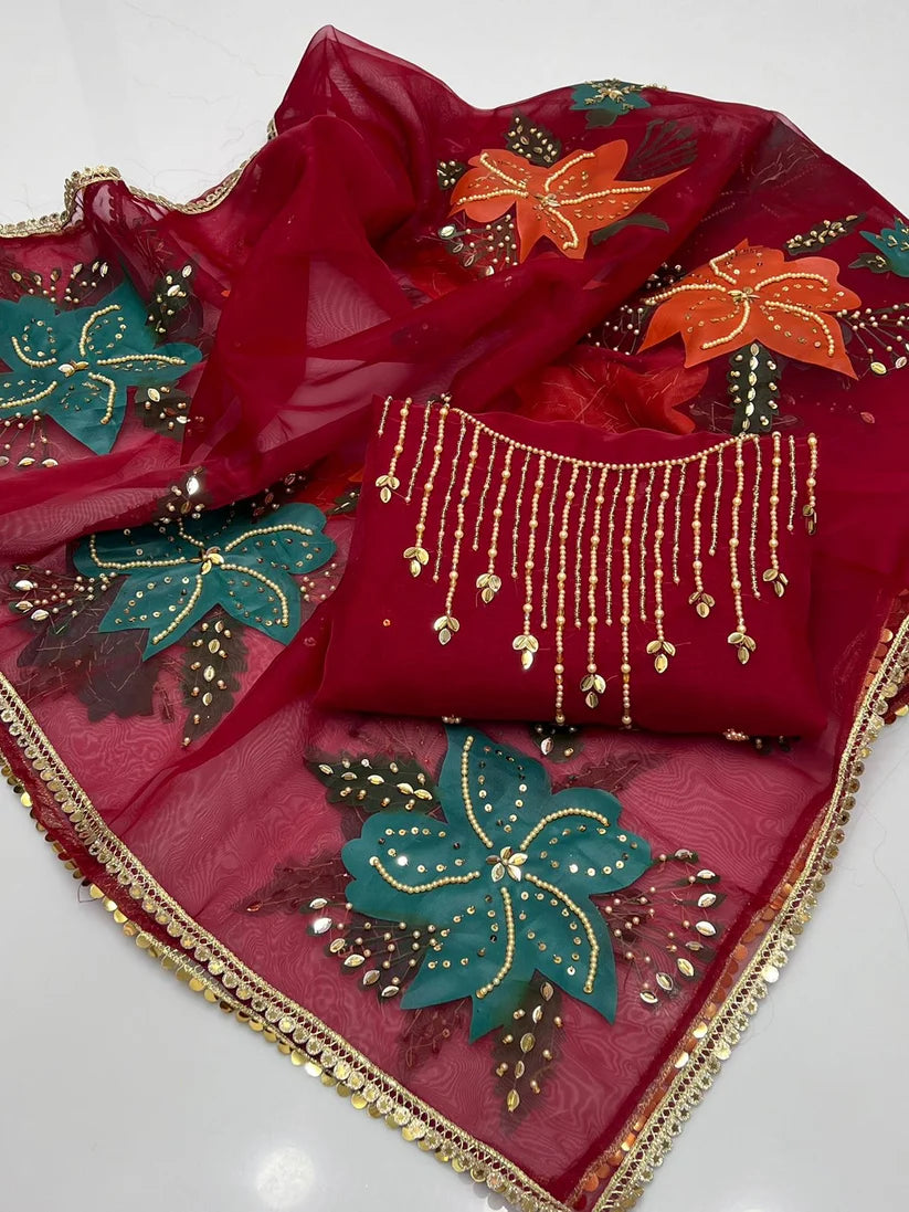 Katonic organza 2 piece with oil paint dupatta