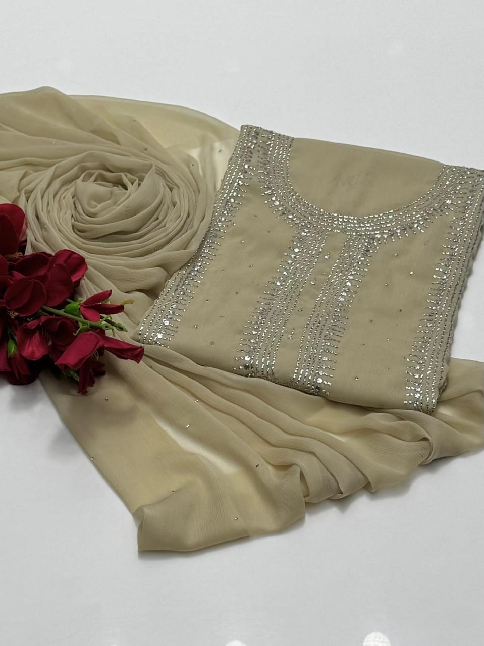 Handmade mukesh work on soft krinkle shifoon 2pc