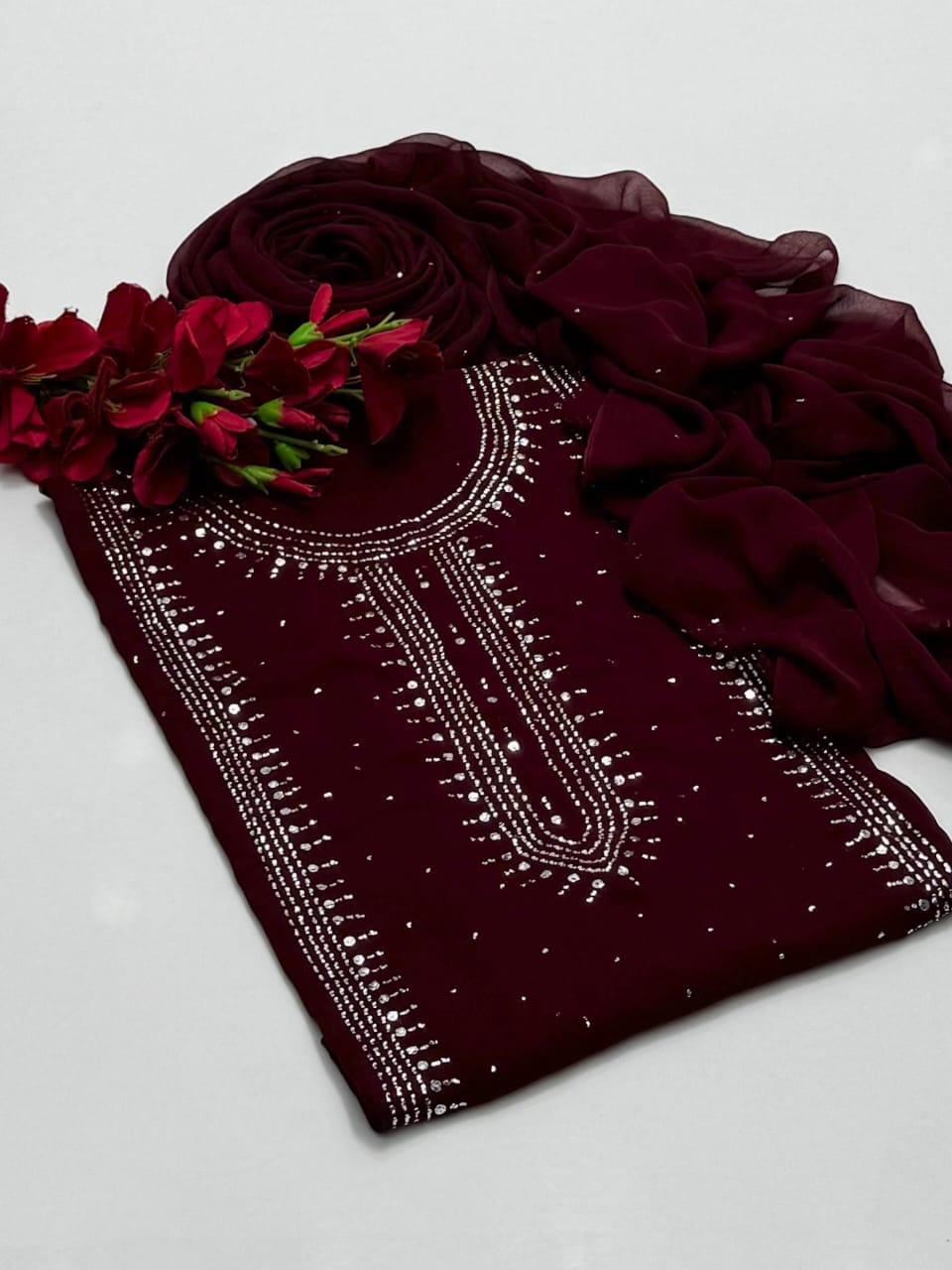 Handmade mukesh work on soft krinkle shifoon 2pc