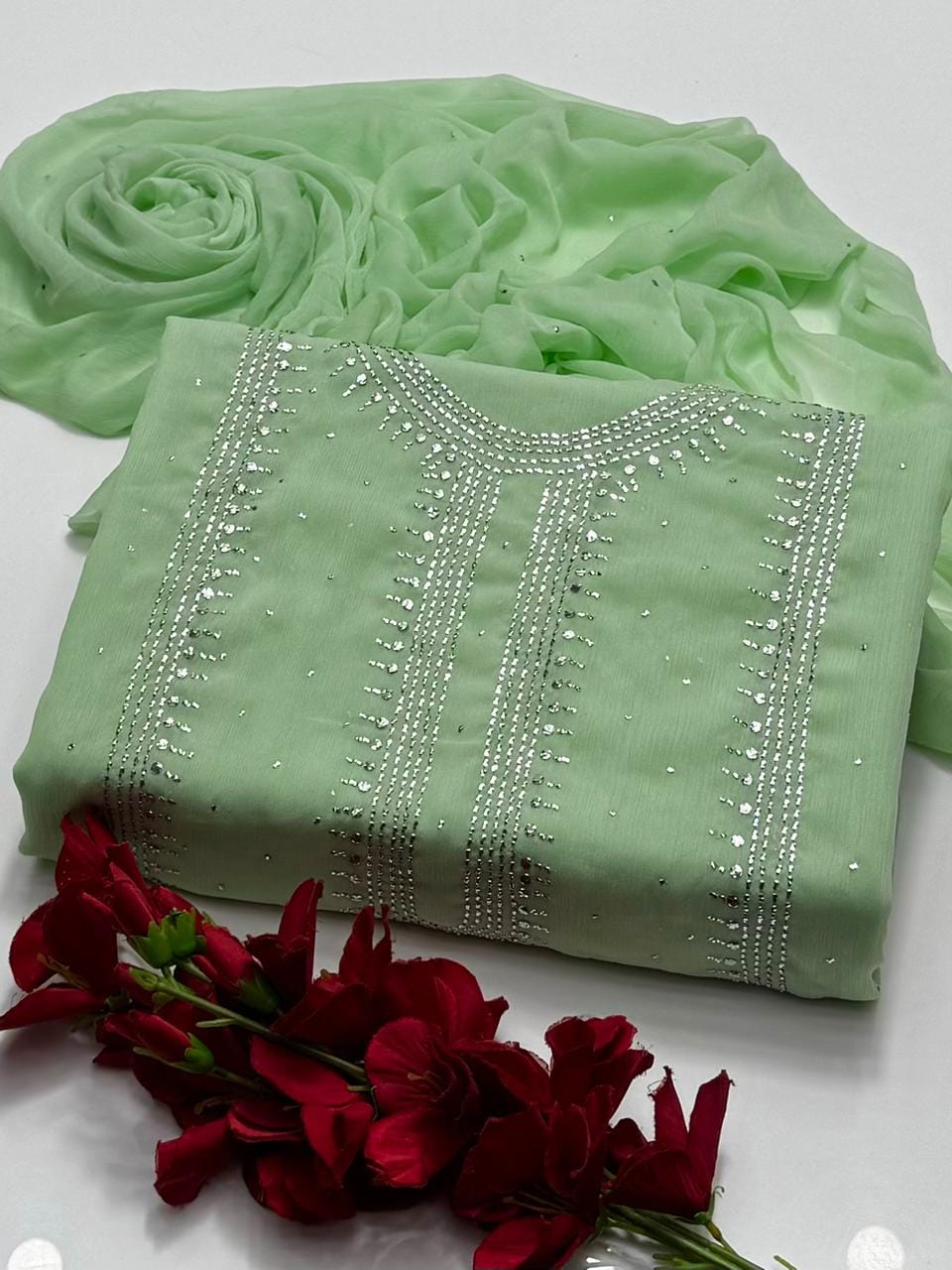 Handmade mukesh work on soft krinkle shifoon 2pc