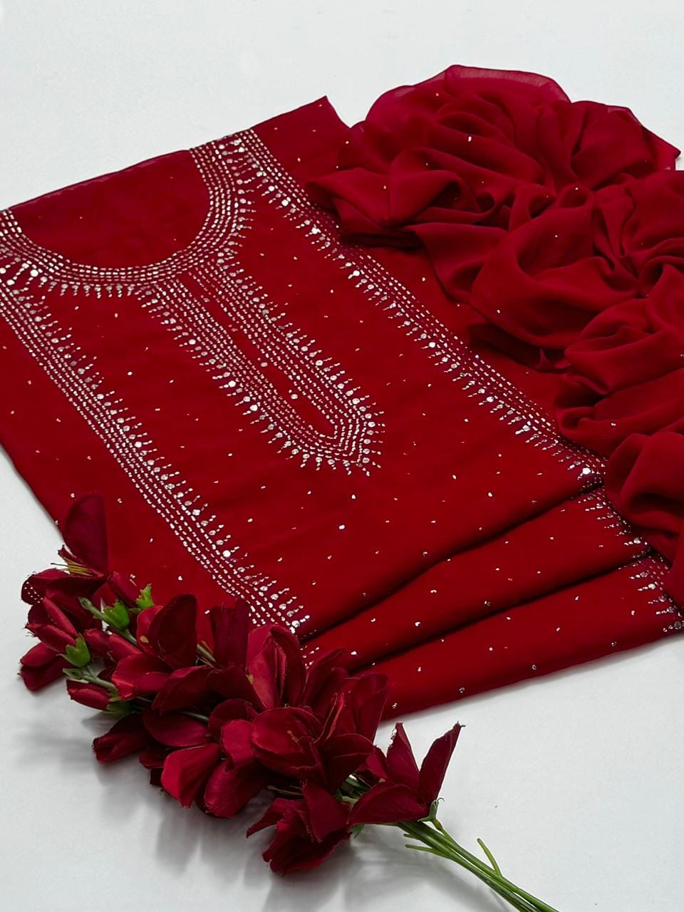 Handmade mukesh work on soft krinkle shifoon 2pc