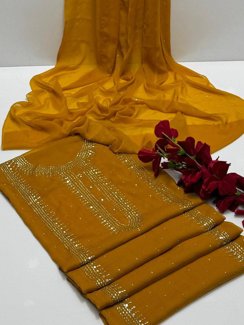 Handmade mukesh work on soft krinkle shifoon 2pc