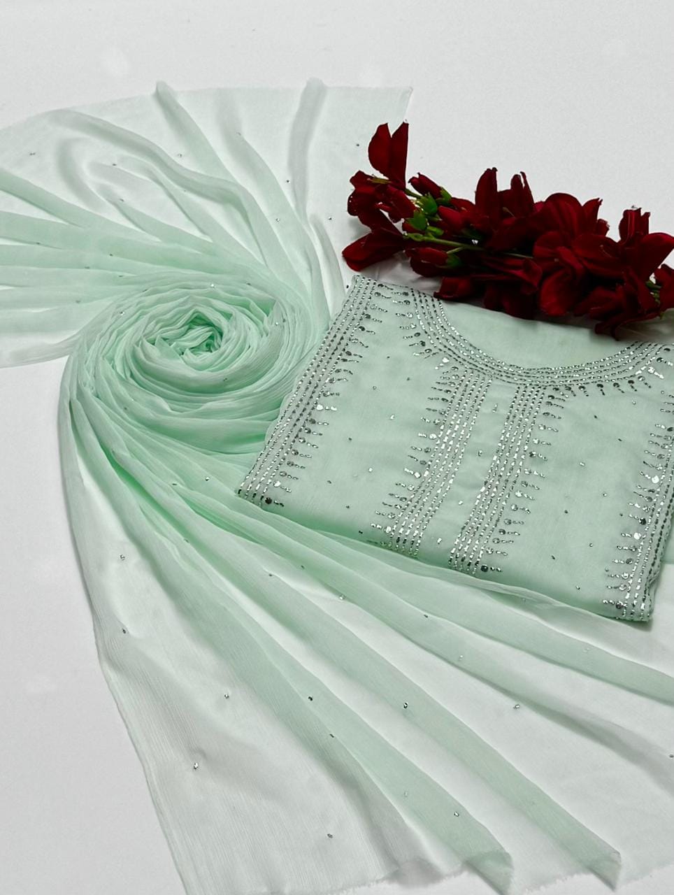 Handmade mukesh work on soft krinkle shifoon 2pc