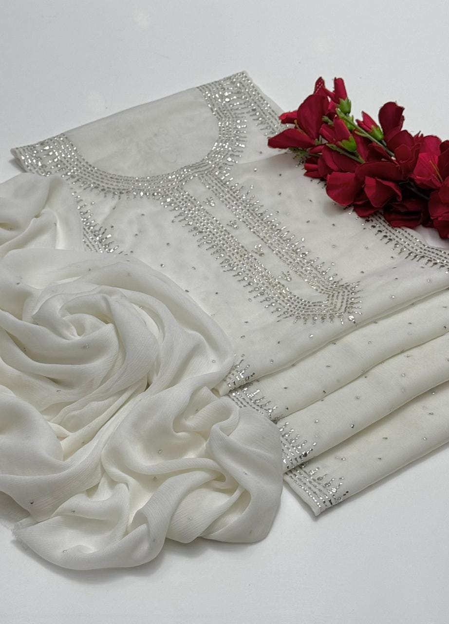 Handmade mukesh work on soft krinkle shifoon 2pc