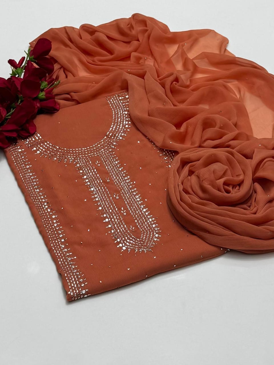 Handmade mukesh work on soft krinkle shifoon 2pc